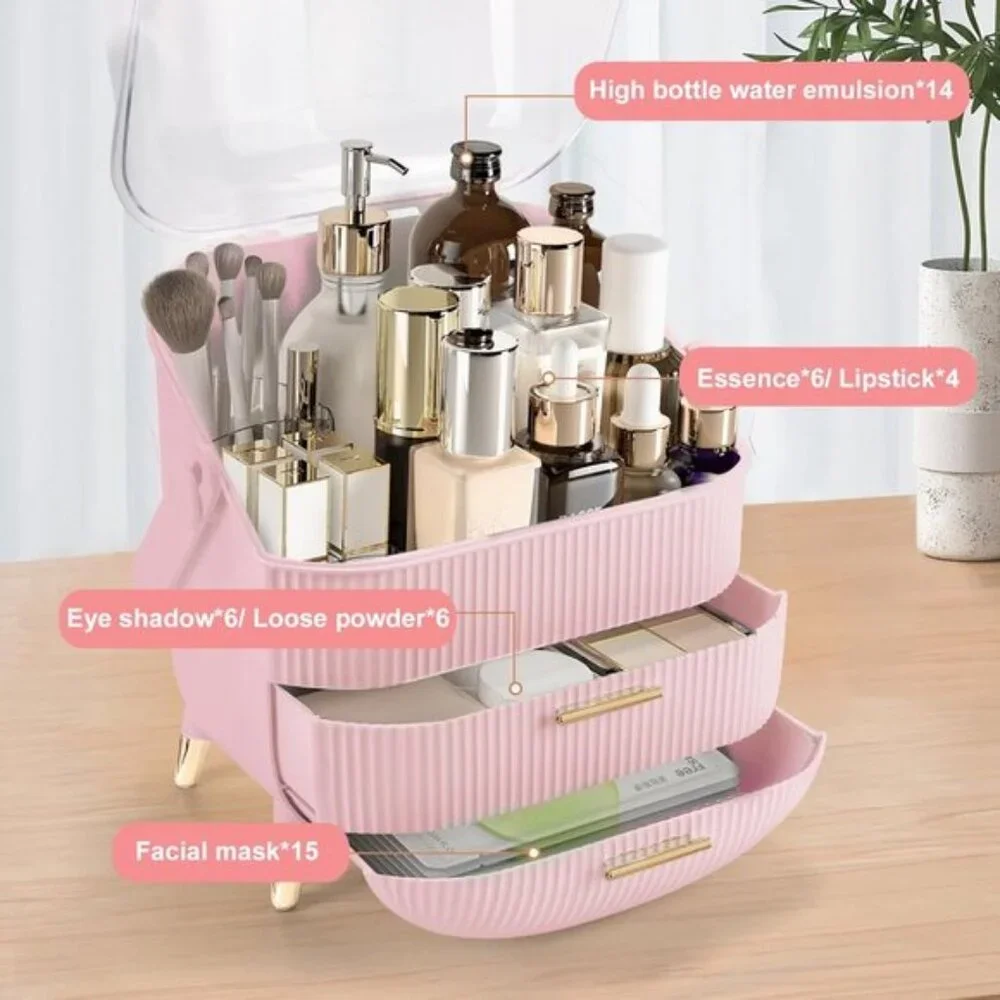 New Makeup Organizer with Lid & Drawers, Skincare & Cosmetic Storage in Pink